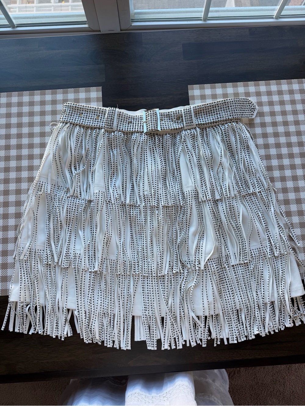 Tiered Fringe White Women's Skirt with Studded Belt